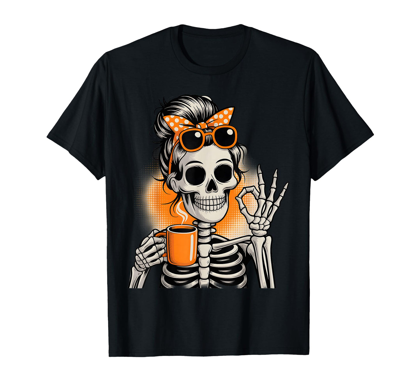 Funny Skeleton Coffee Vibes Halloween Retro Style T-Shirt