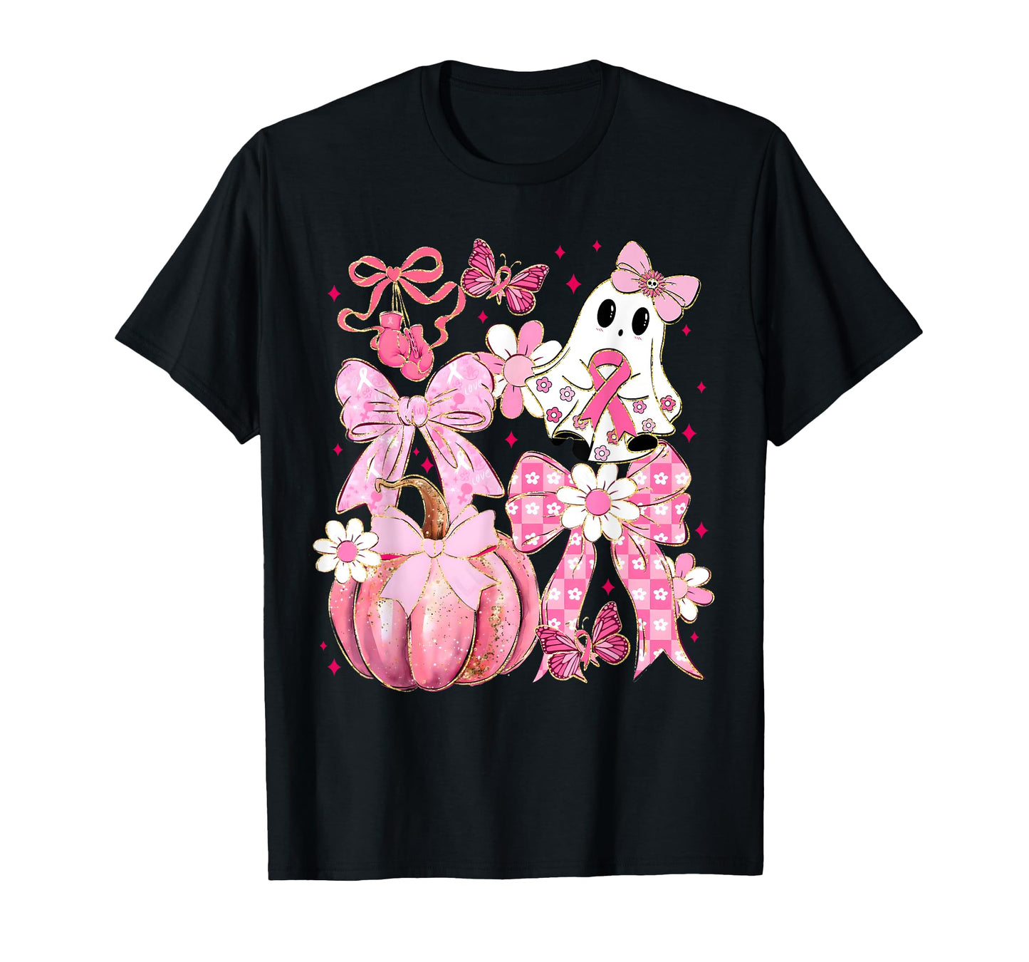 Pink Coquette Bow Ghost Halloween Breast Cancer Awareness T-Shirt