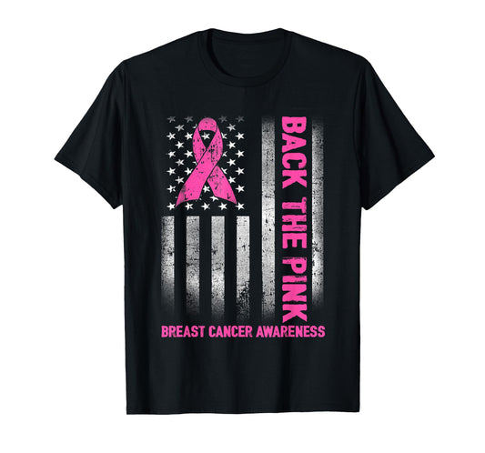 Back The Pink Ribbon American Flag Breast Cancer Awareness T-Shirt