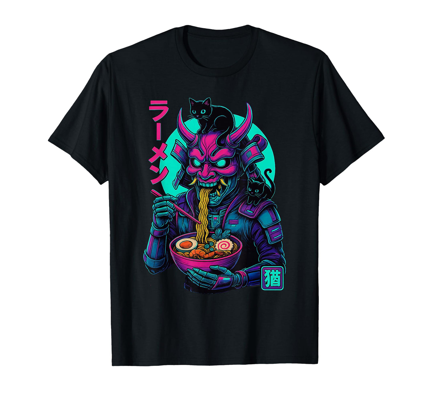 Samurai Oni Skeleton Ramen with Black Cat Japanese Vintage T-Shirt