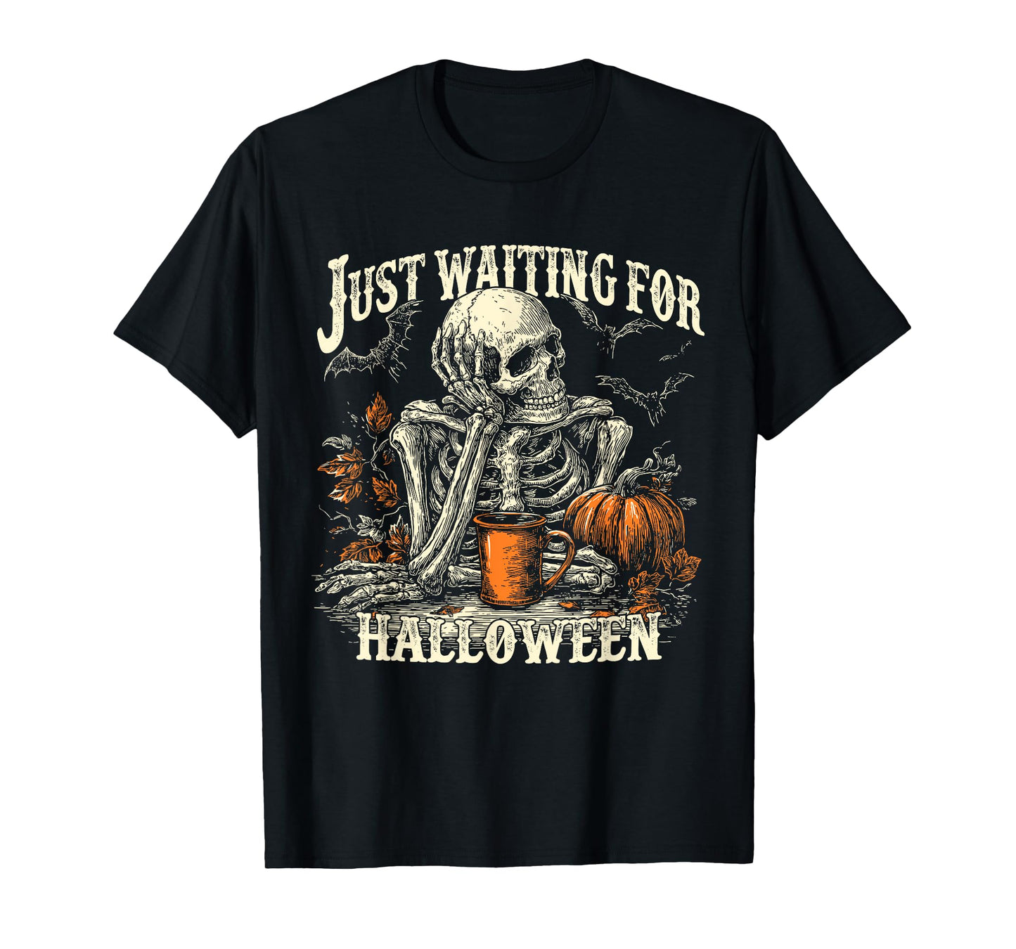 Just Waiting for Halloween Skeleton Coffee Scene Pumpkin T-Shirt