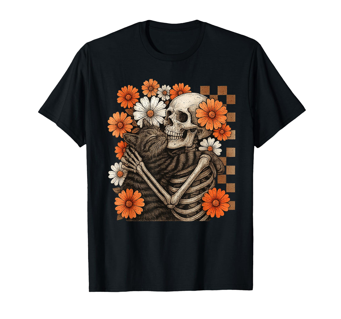 Floral Checkered Skeleton Hugging Cat Halloween T-Shirt