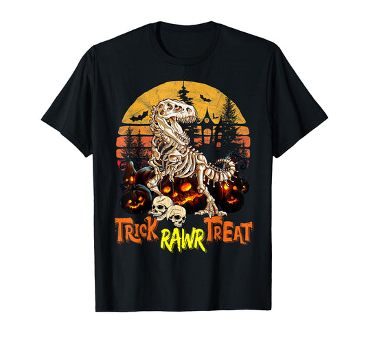 Dinosaur Skeleton T rex Scary Pumpkin Moon Halloween Boys T-Shirt