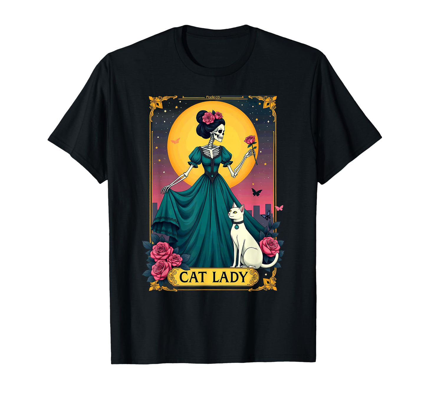 Retro Cat Lady Tarot Card Skeleton Halloween T-Shirt