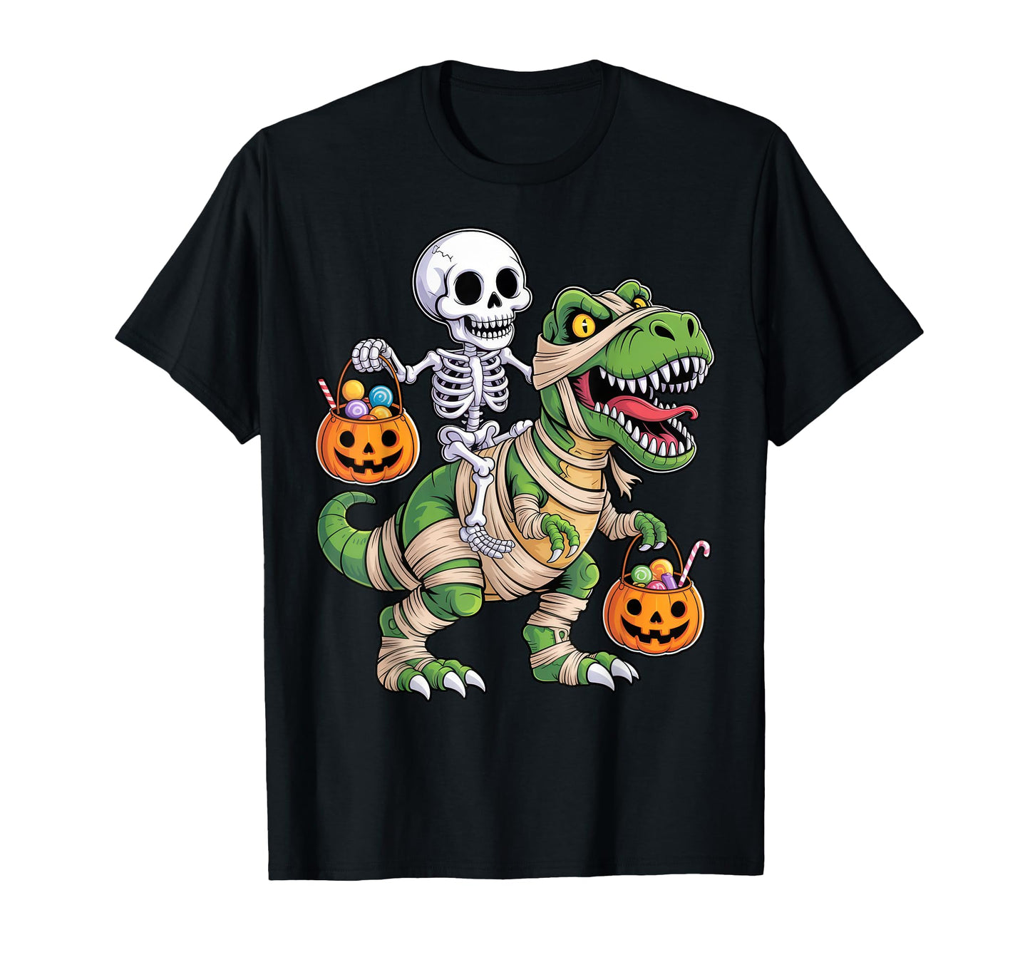 Skeleton Riding Mummy Dinosaur T rex Kids Boys Men Halloween T-Shirt