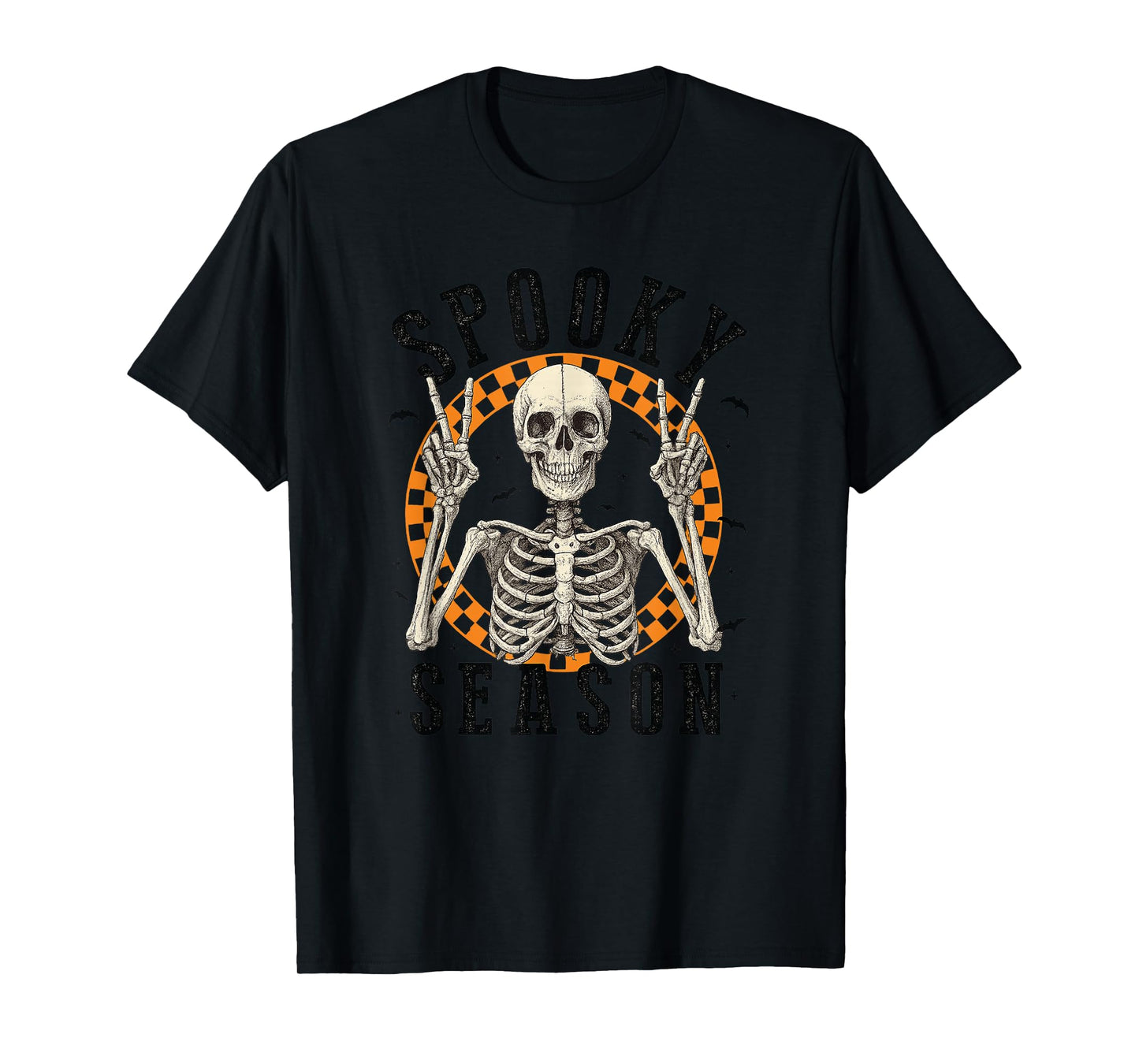 Spooky Season Skeleton Peace Sign Halloween Bats T-Shirt