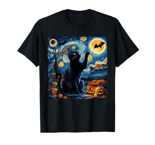 Halloween Van Gogh' Starry Night Black Cat Pumpkins Bats T-Shirt for Men Women Kids