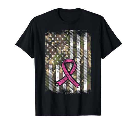 Camo Flag Pink Ribbon Breast Cancer Awareness Patriotic T-Shirt