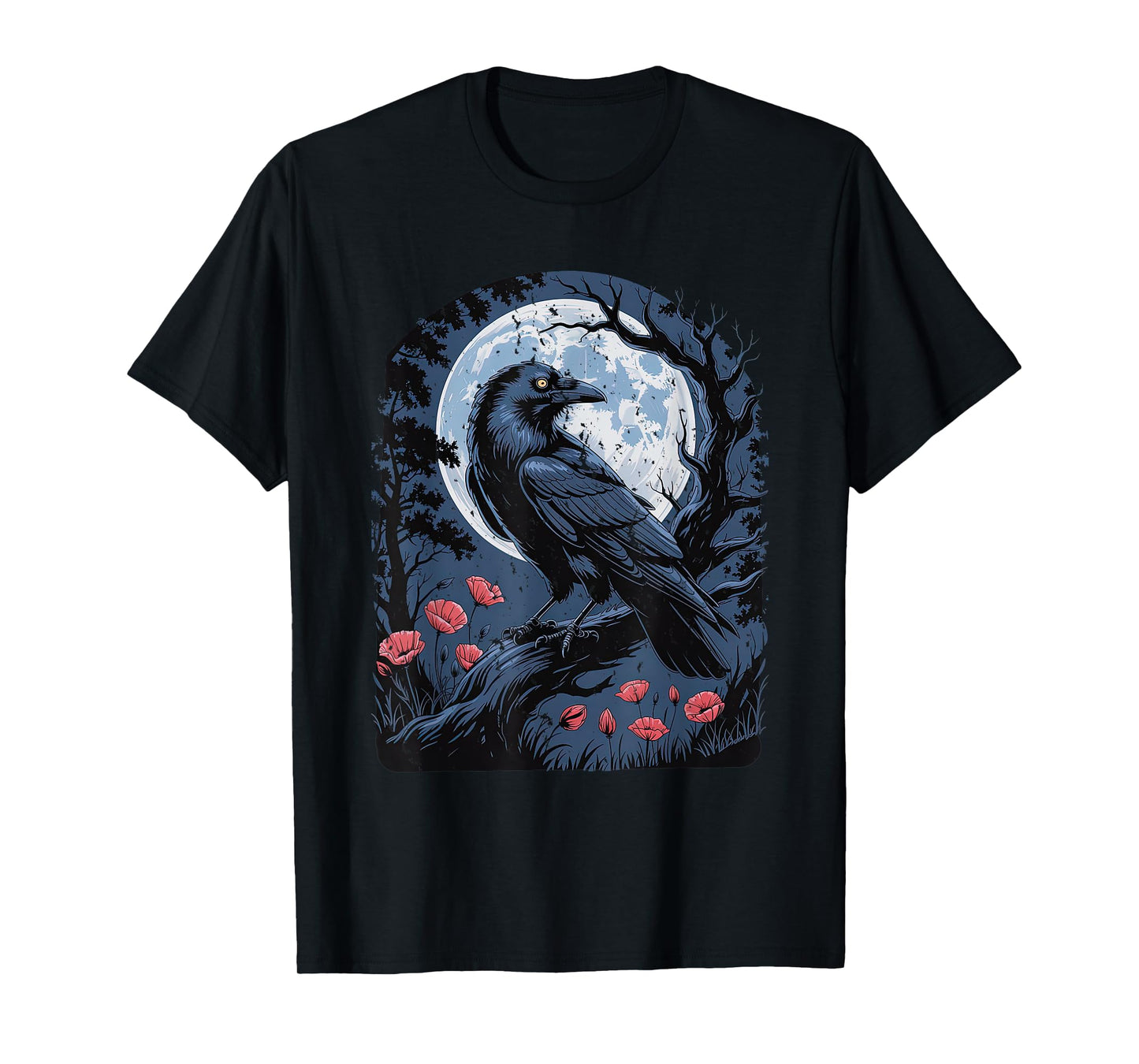 Raven with Poppies Moon and Flowers Gothic Botanical Crow T-Shirt