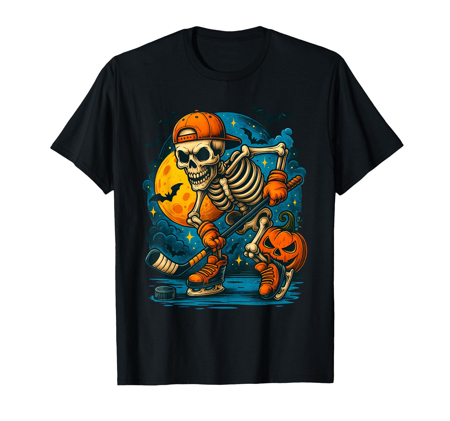 Halloween Skeleton Playing Ice Hockey Pumpkins Kids Boys Tee T-Shirt