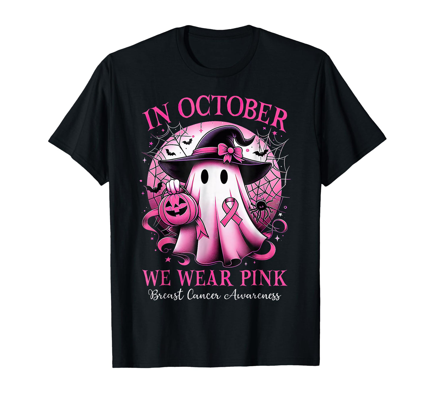 In October We Wear Pink Witch Ghost Breast Cancer Awareness T-Shirt