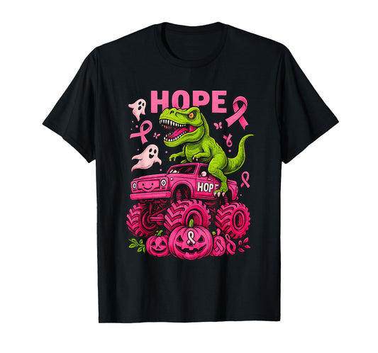 Dinosaur T Rex Riding Monster Truck Pink Breast Cancer T-Shirt