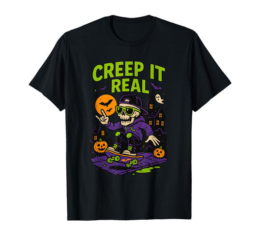 Creep It Real Halloween Skeleton Skateboarding Spooky Design T-Shirt