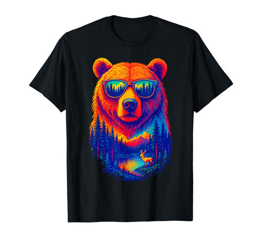 Bear Sunglasses Wildlife Deer Campfire Nature Vintage Forest T-Shirt
