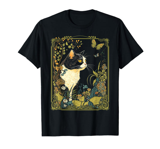 Cottagecore Aesthetic Cat Butterflies Flowers Garden Women T-Shirt