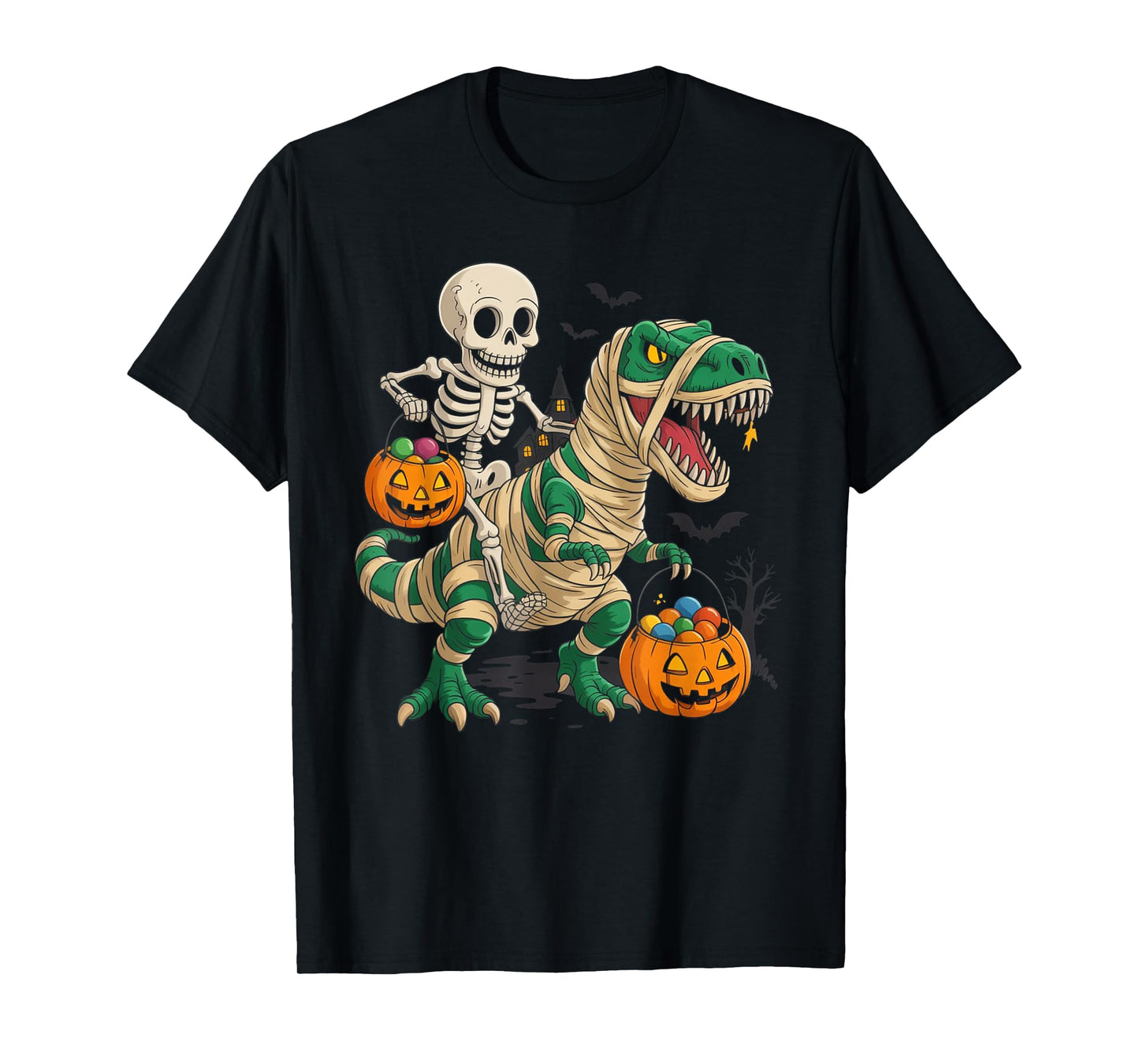 Skeleton Riding Mummy Dinosaur T rex Halloween Pumpkin Gifts T-Shirt