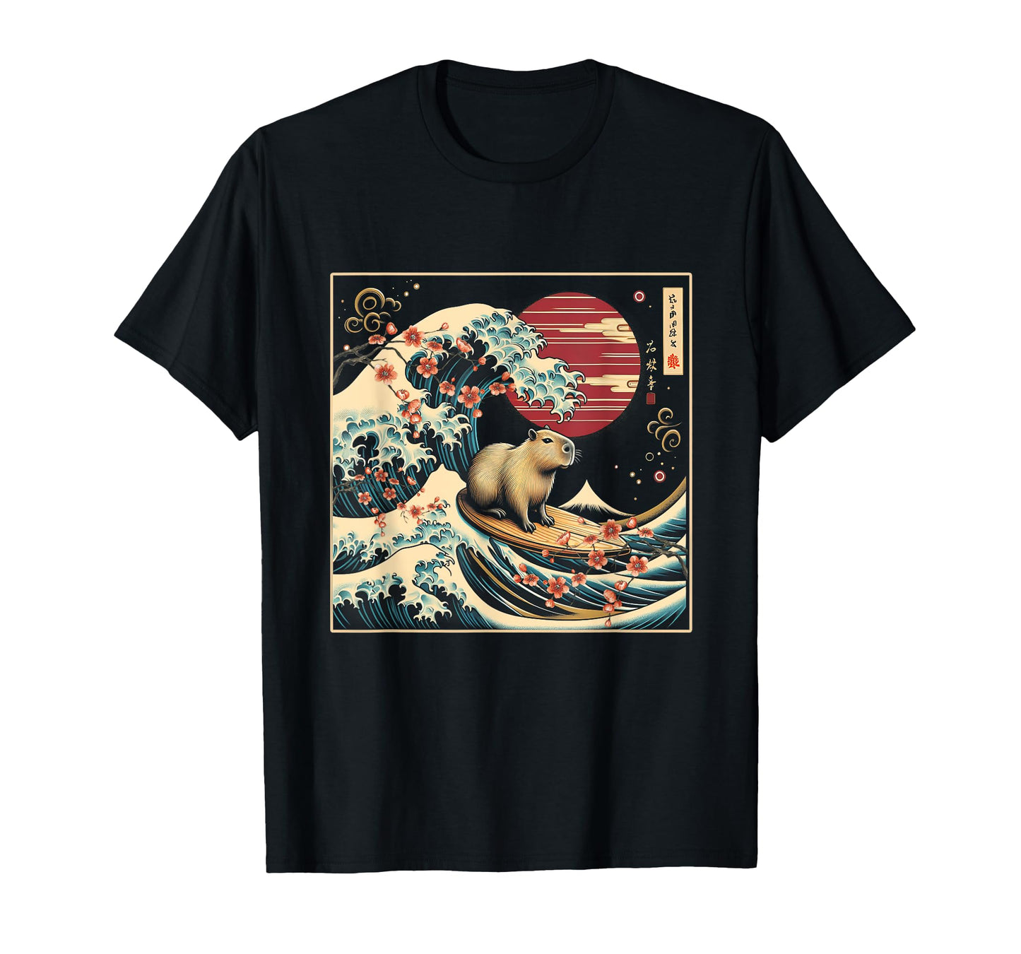 Capybara Waving Surfing Japanese Art GreatWave Sunset T-Shirt