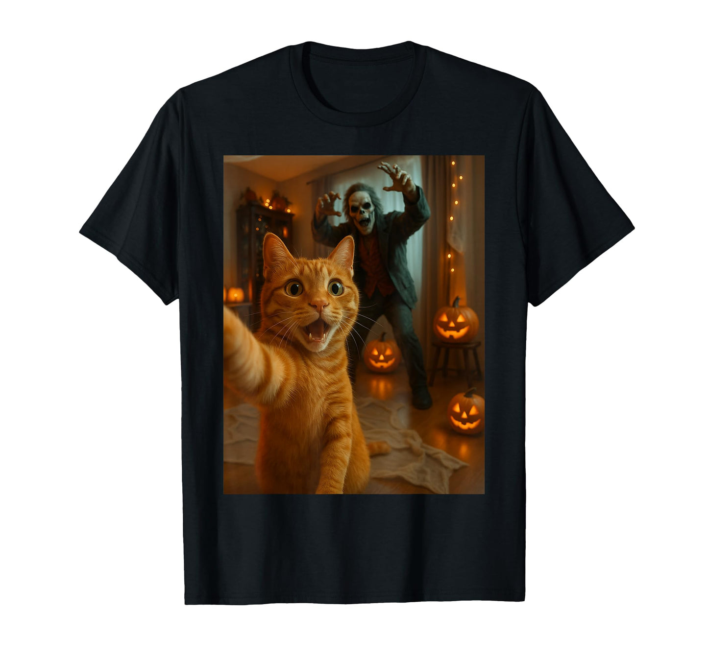 Funny Orange Cat and Skeleton Monster Halloween Party T-Shirt