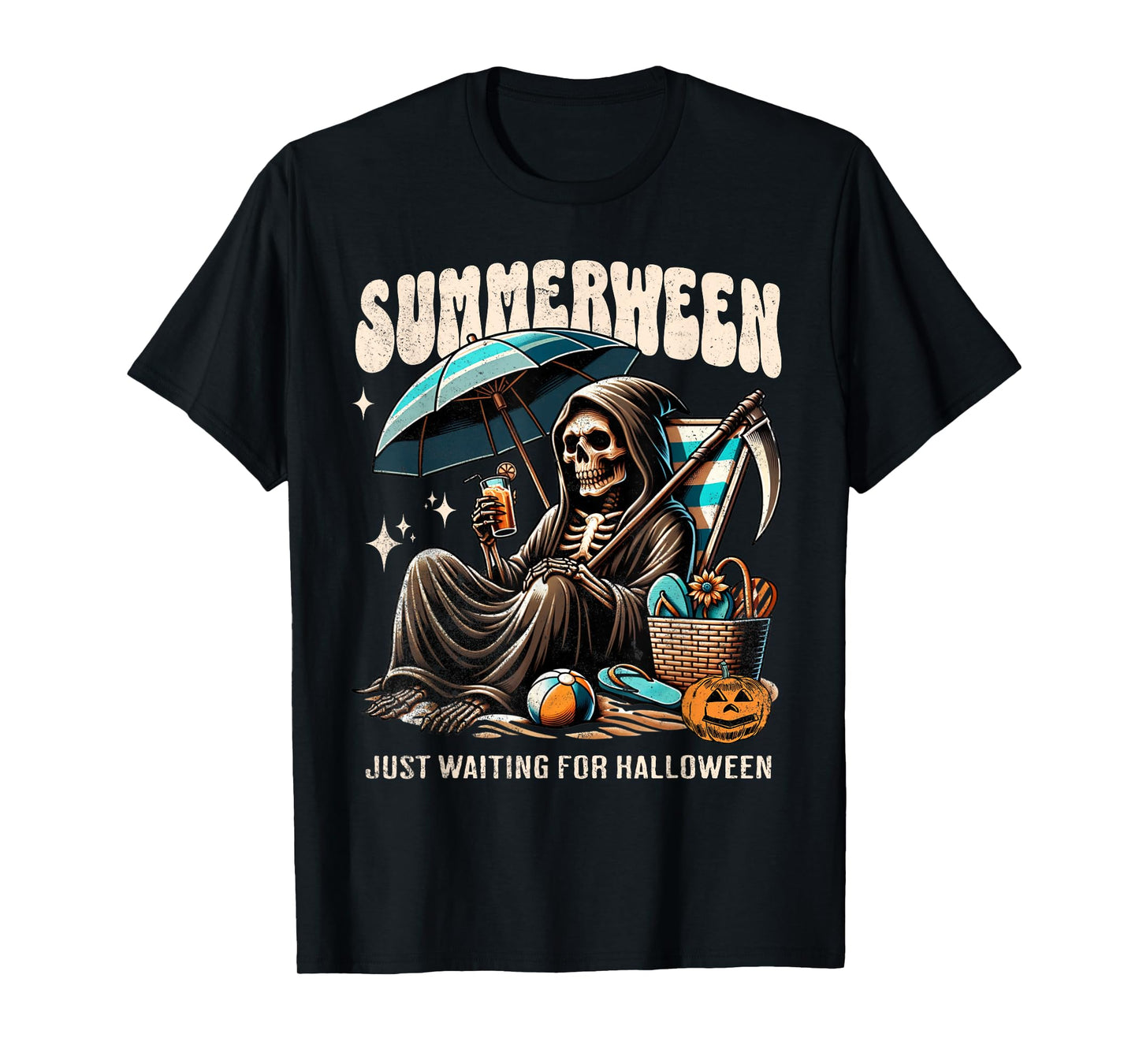 Summerween Grim Reaper Skeleton Summer Vibes Halloween Ghost Men Women Kids T-Shirt