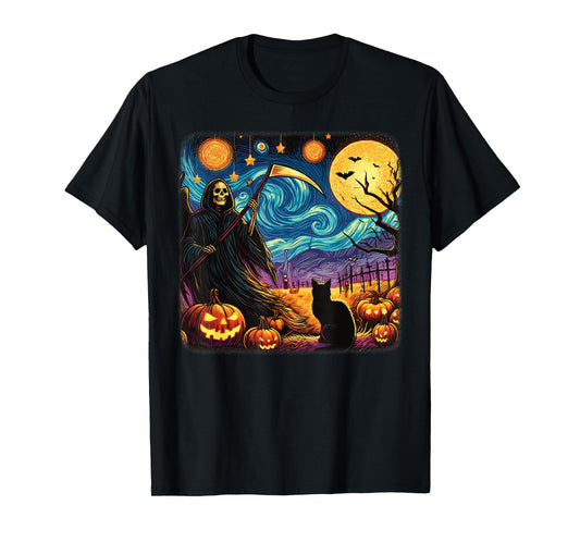 Halloween Van Gogh Starry Night Grim Reaper Pumpkins Cats T-Shirt