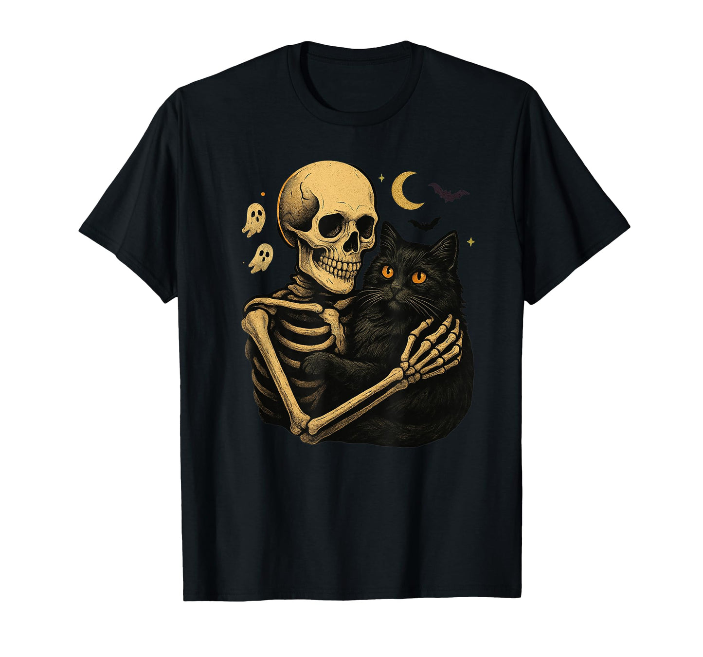 Eerie Embrace Skeleton Cat Crescent Moon Tee T-Shirt