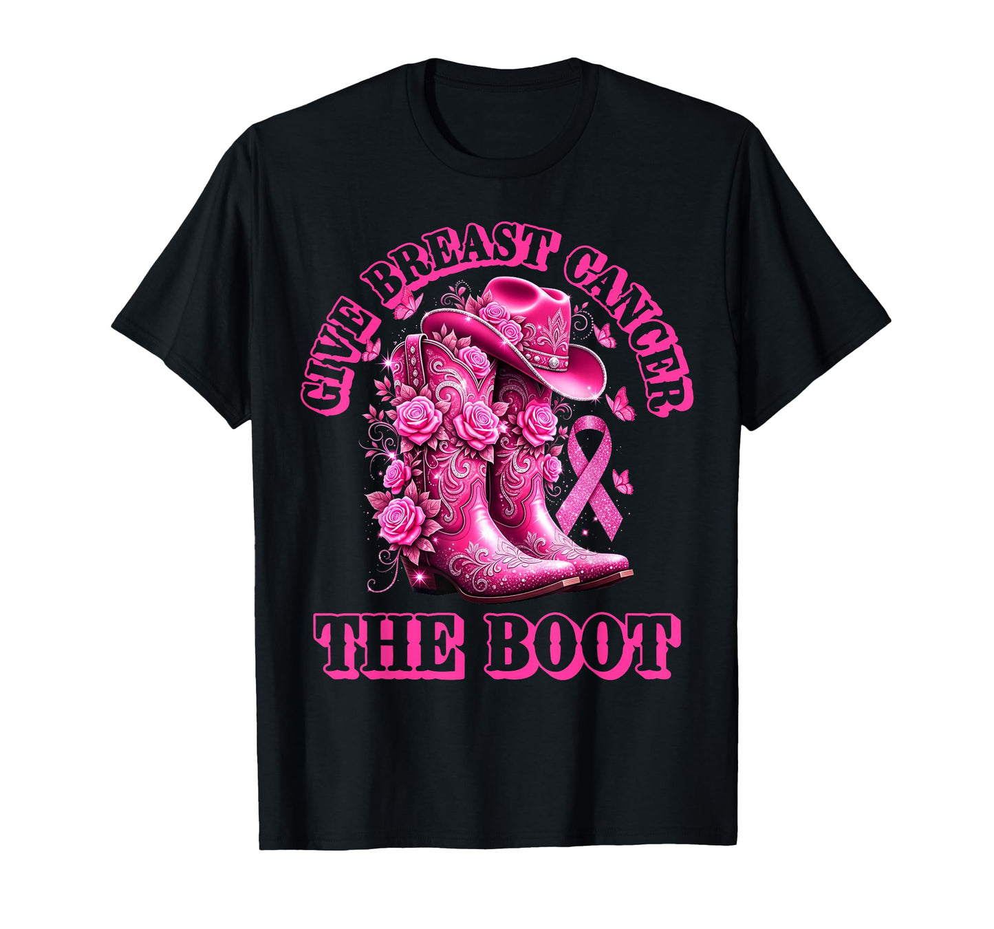 Give Breast Cancer The Boot Cowgirl Pink Ribbon Western T-Shirt