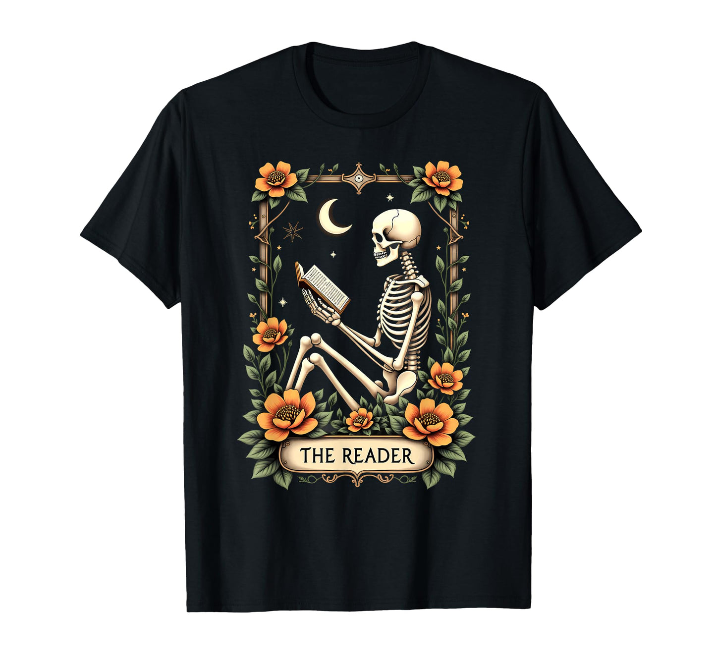Floral Tarot Card The Reader Skeleton Reading Book T-Shirt
