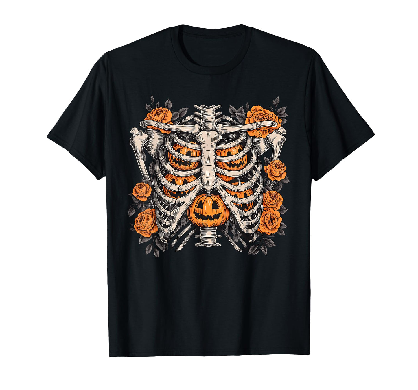 Halloween Retro Floral Ribcage Pumpkins Skeleton Fall T-Shirt