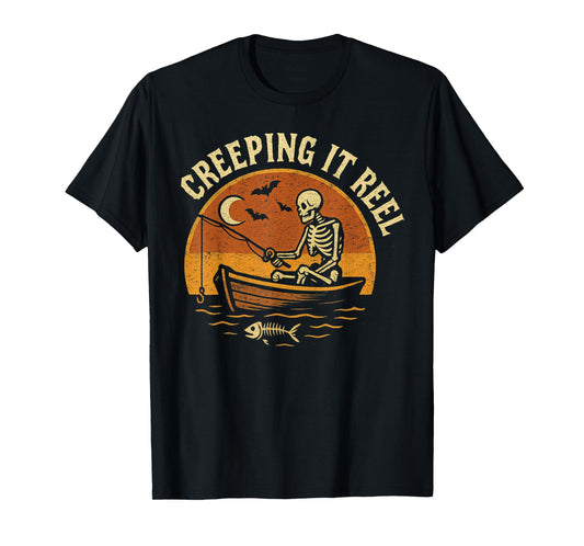Creeping It Real Skeleton Fishing Halloween Humor T-Shirt