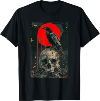 Red Moon Black Gothic Raven Skull Graphic Black Crow T-Shirt