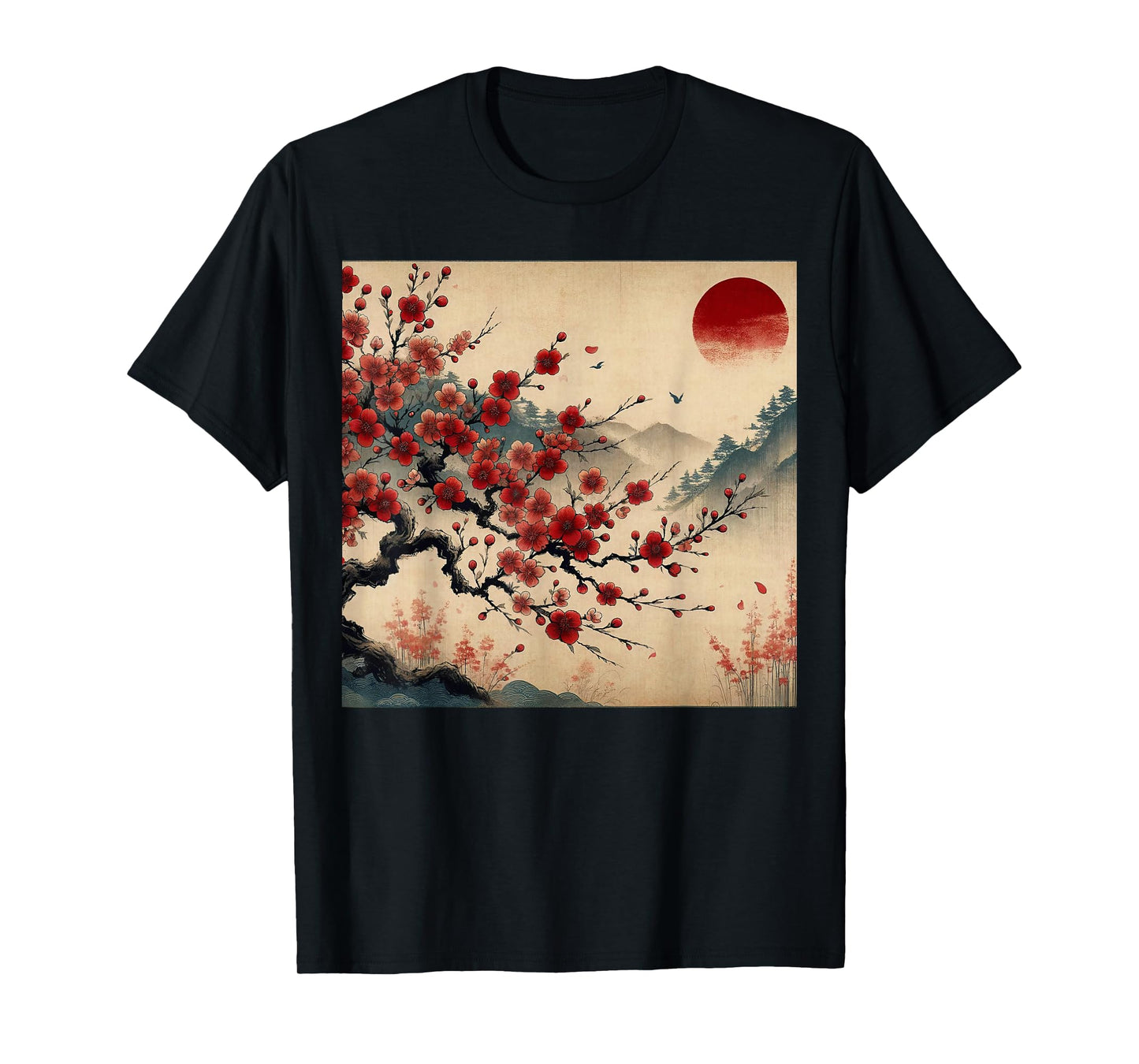 Vintage Cherry Blossom Woodblock Tee Japanese Graphical Art T-Shirt