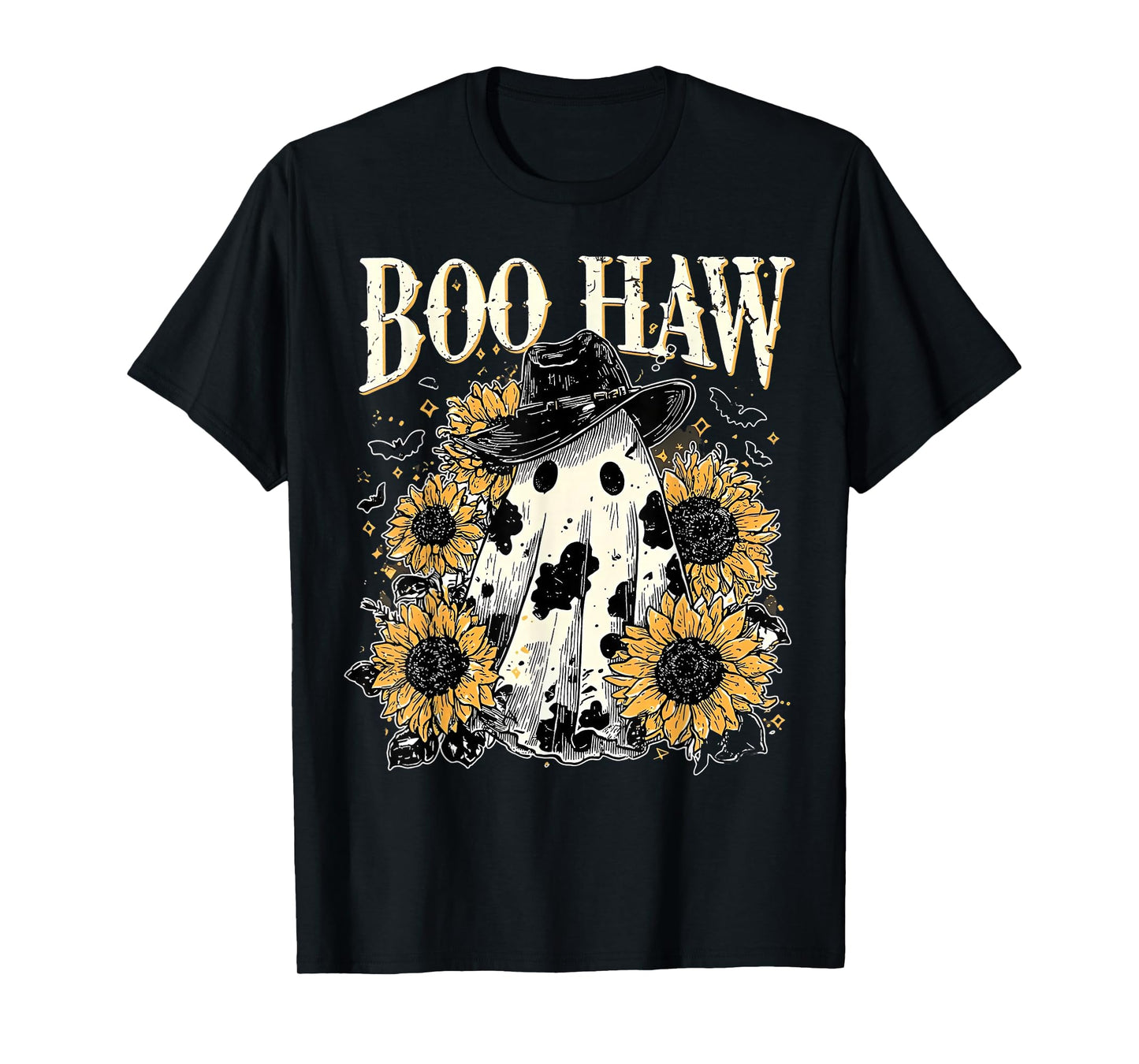 Boo Haw, Cow Spot Ghost Western Halloween, Sunflowers Fall T-Shirt