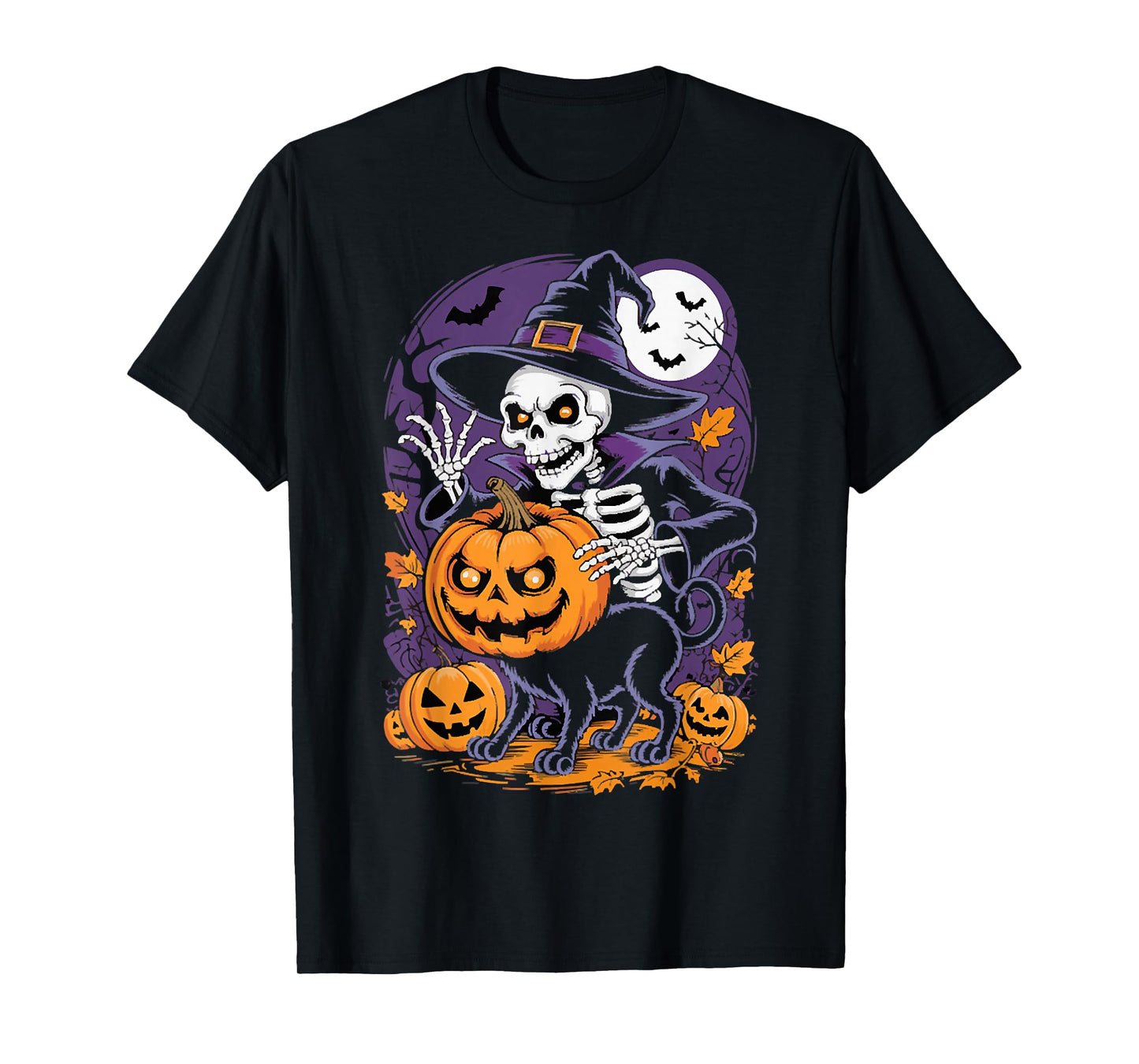 Spooky Skeleton with Jack-o'-Lanterns Cat, Happy Halloween T-Shirt