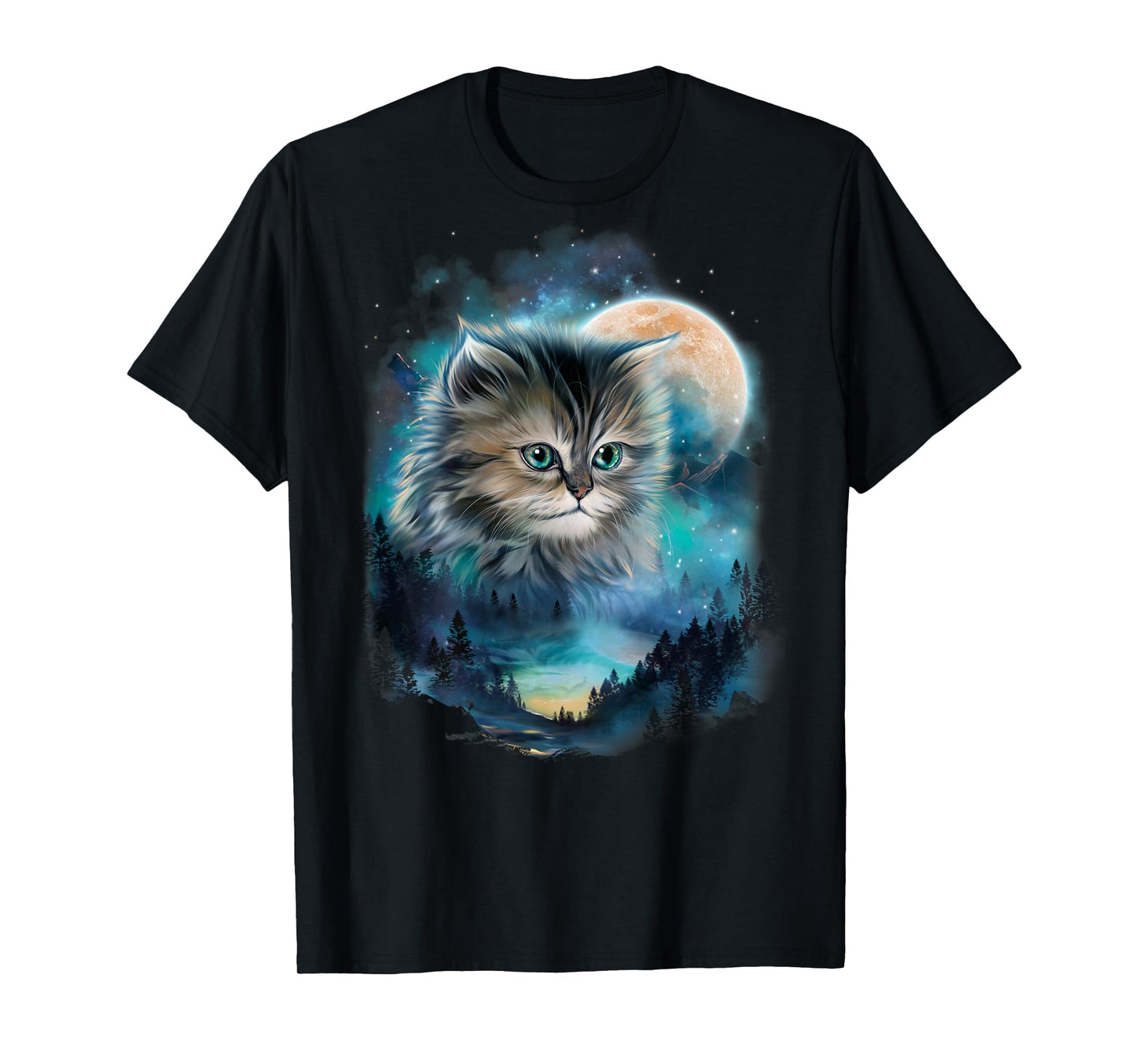 Mystical Cat Under Moonlit Forest Sky Men Women Kids T-Shirt
