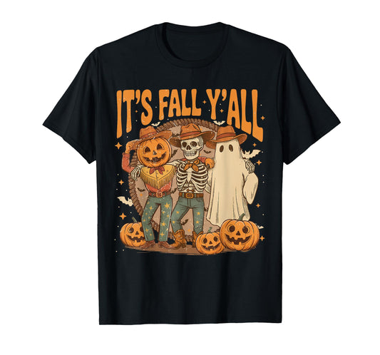 Cowboy Ghost Pumpkin Head Skeleton Its Fall Yall Spooky Gang T-Shirt