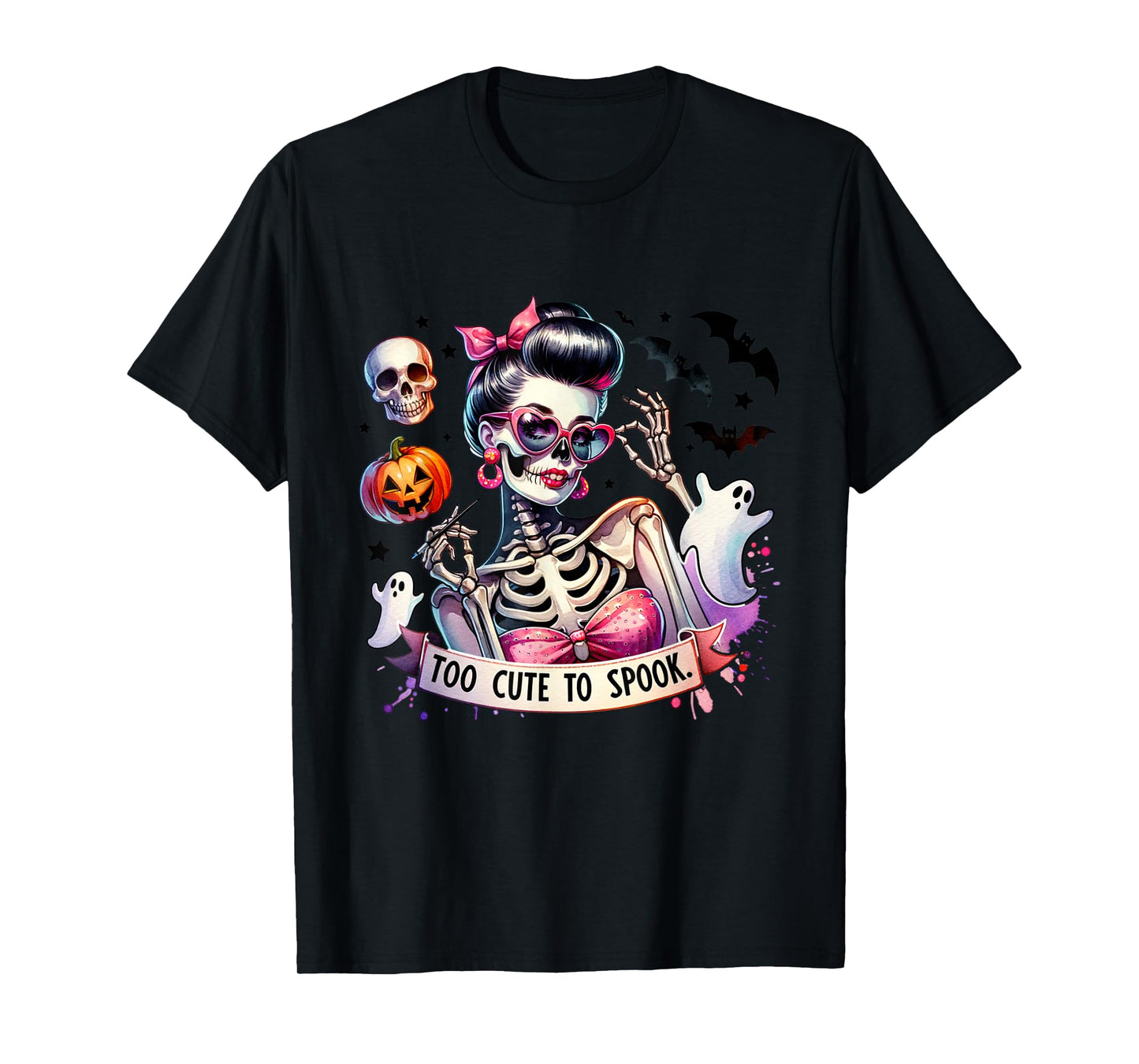 Too Cute to Spook Skeleton Woman Diva Halloween Pin-Up T-Shirt