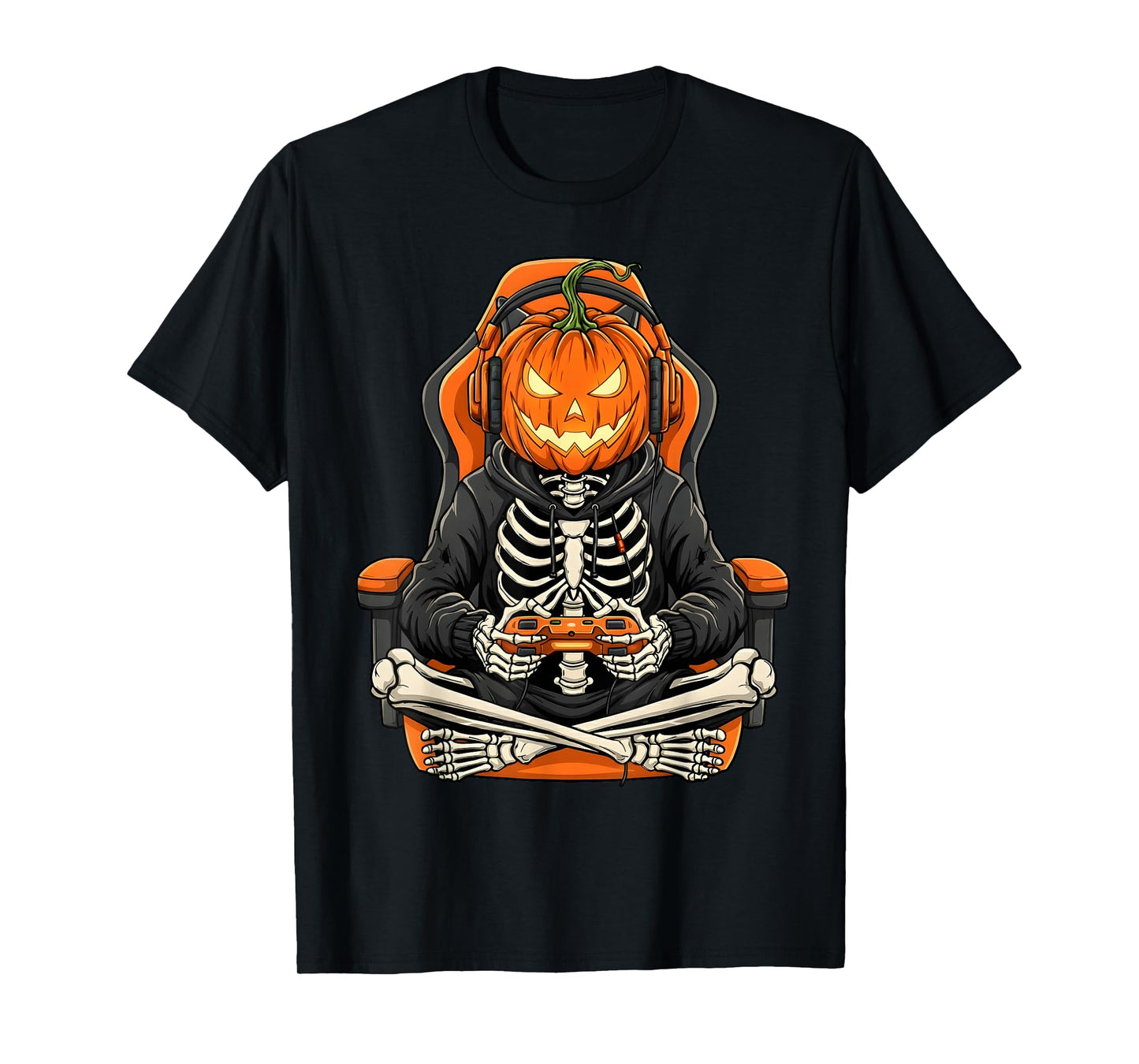 Halloween Skeleton Gamer Pumpkin Video Gaming Boys Men Kids T-Shirt