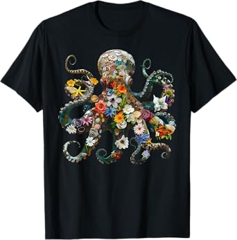 Octopus Floral Vintage Flowers Scuba Diving Garden And Ocean T-Shirt