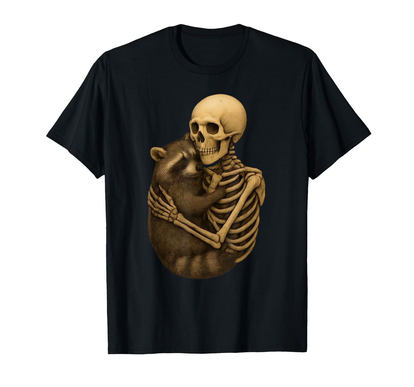 Skeleton Hugging a Raccoon Fall Vibes Halloween Costume Cute T-Shirt