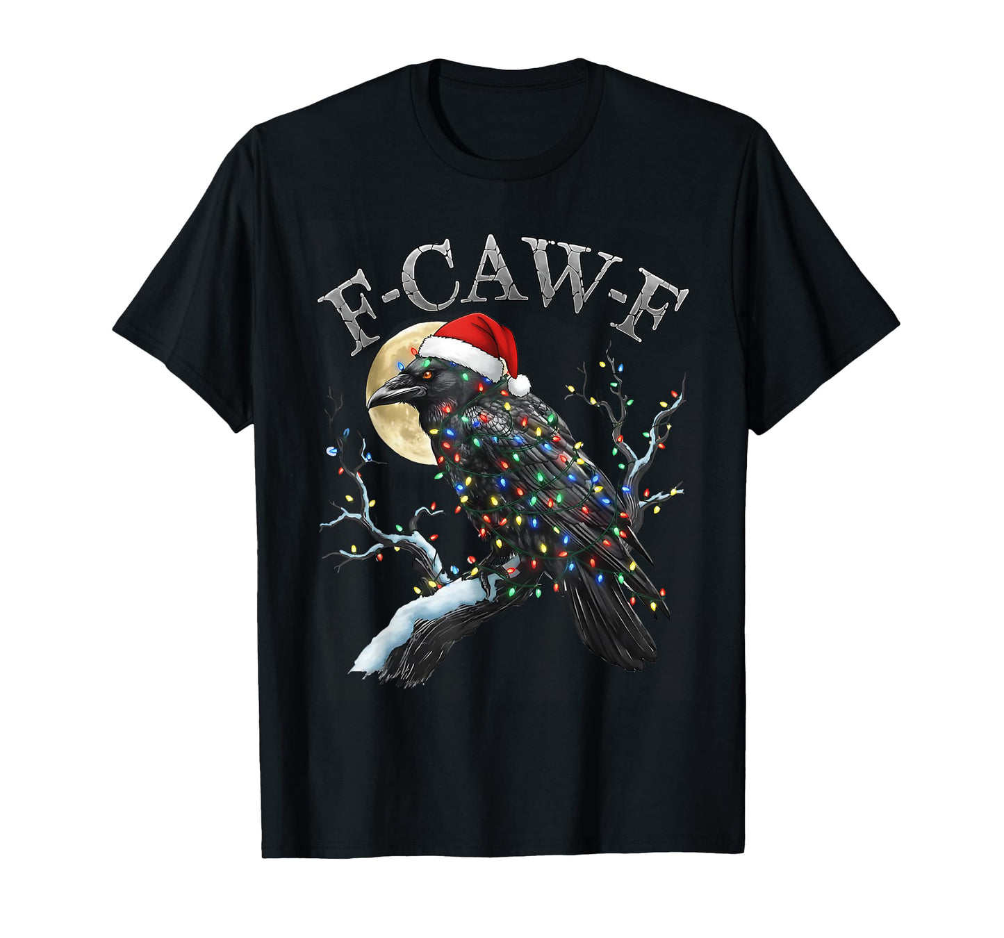 Merry Christmas Lights Santa Hat Black Crow, F-Caw-F Gothic T-Shirt