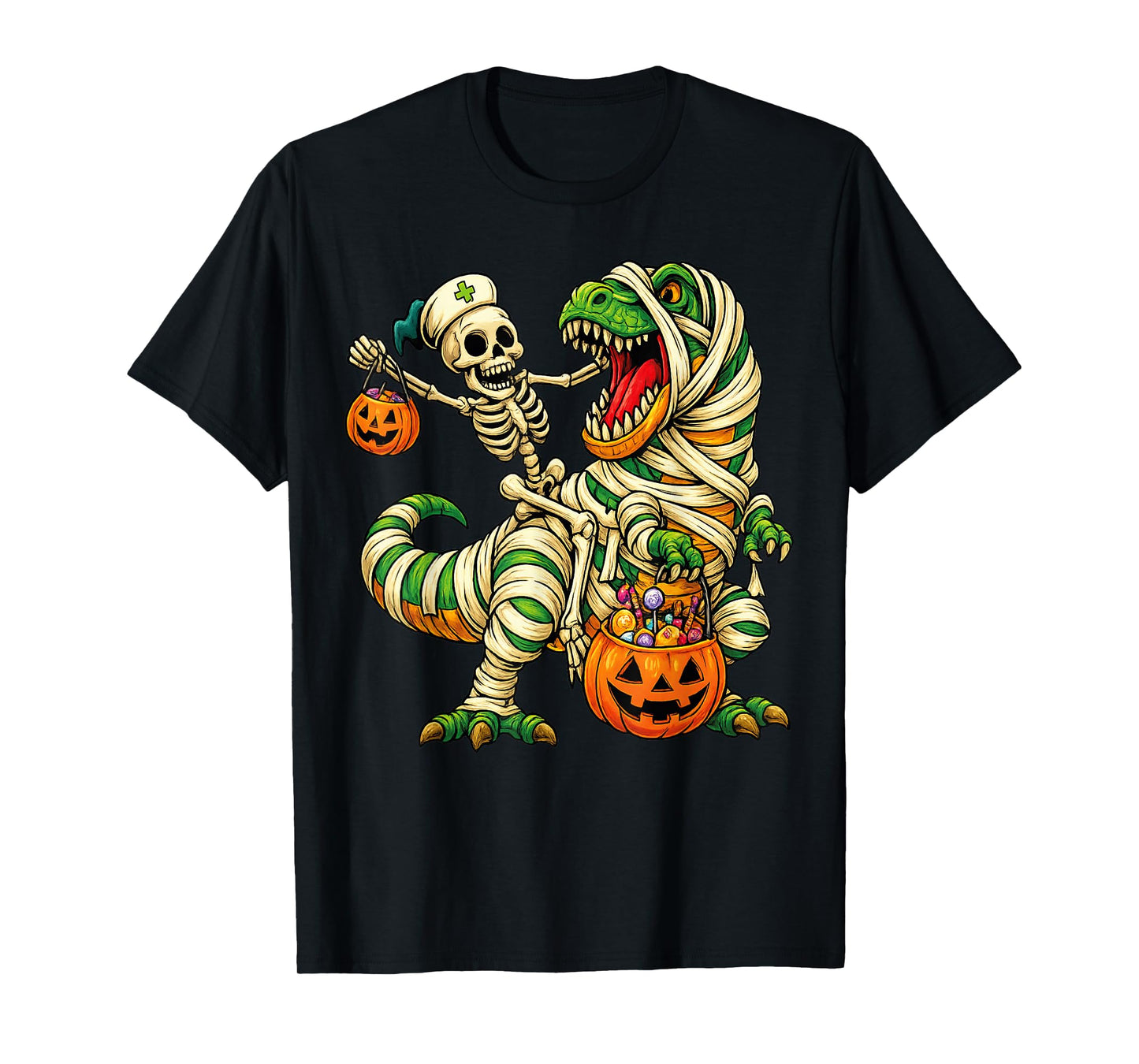 Skeleton Riding Mummy Dinosaur T rex Halloween Funny Pumpkin T-Shirt