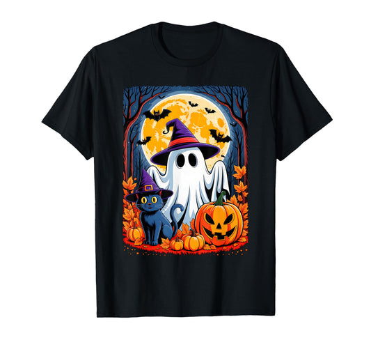 Cute Ghost Black Cat Halloween Witch Pumpkin Dark Forest T-Shirt