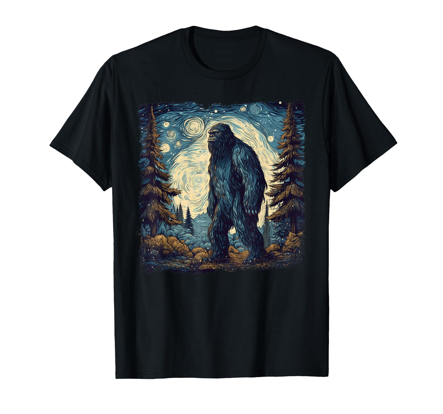 Bigfoot Starry Night Sasquatch Van Gogh Painting T-Shirt