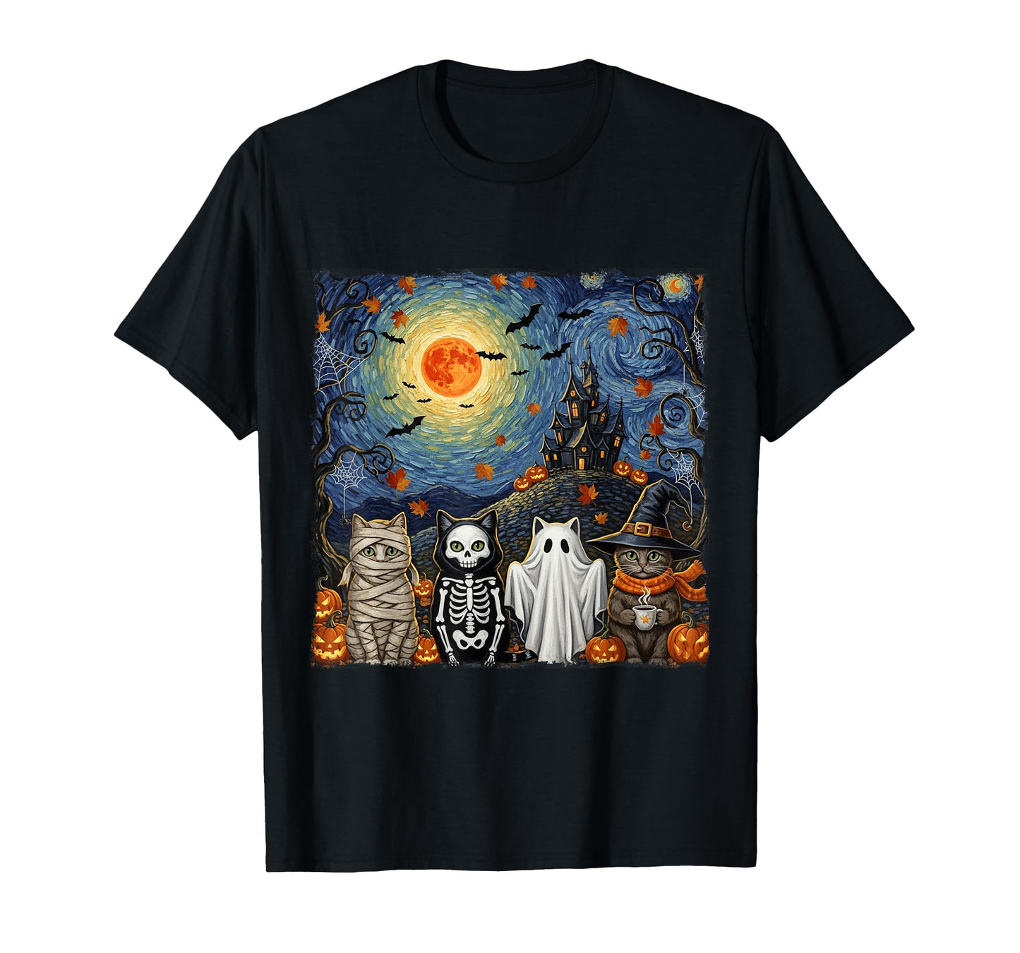 Halloween Funny Cute Black Cats Ghosts Costume Starry Night T-Shirt