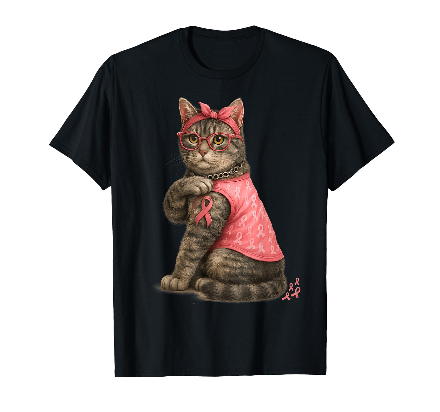 Gray Tabby Cat Pink Ribbon Breast Cancer Awareness Kitty T-Shirt
