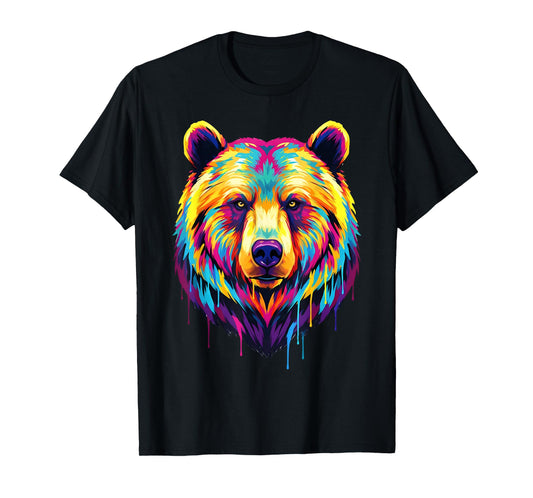 Colourful Cool Bear Head in Vivid Shades Artistic Designed T-Shirt