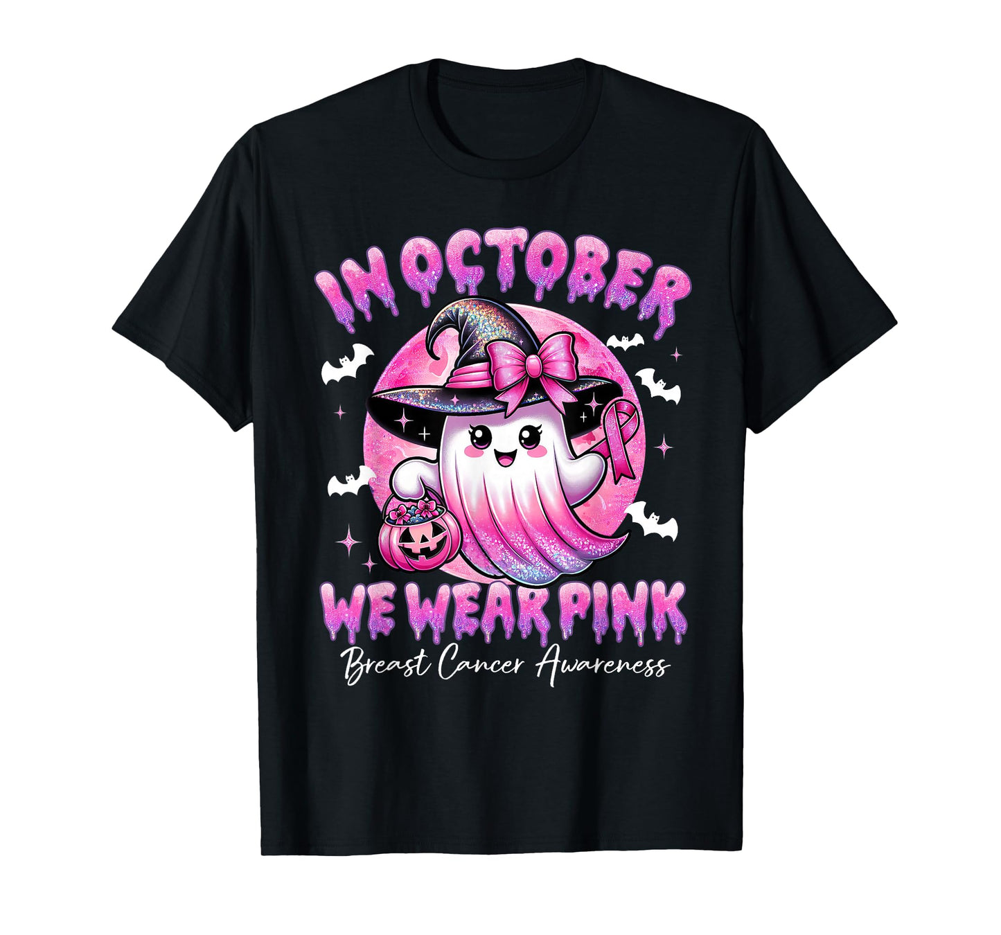 In October We Wear Pink Ghost Witch Breast Cancer Awareness T-Shirt