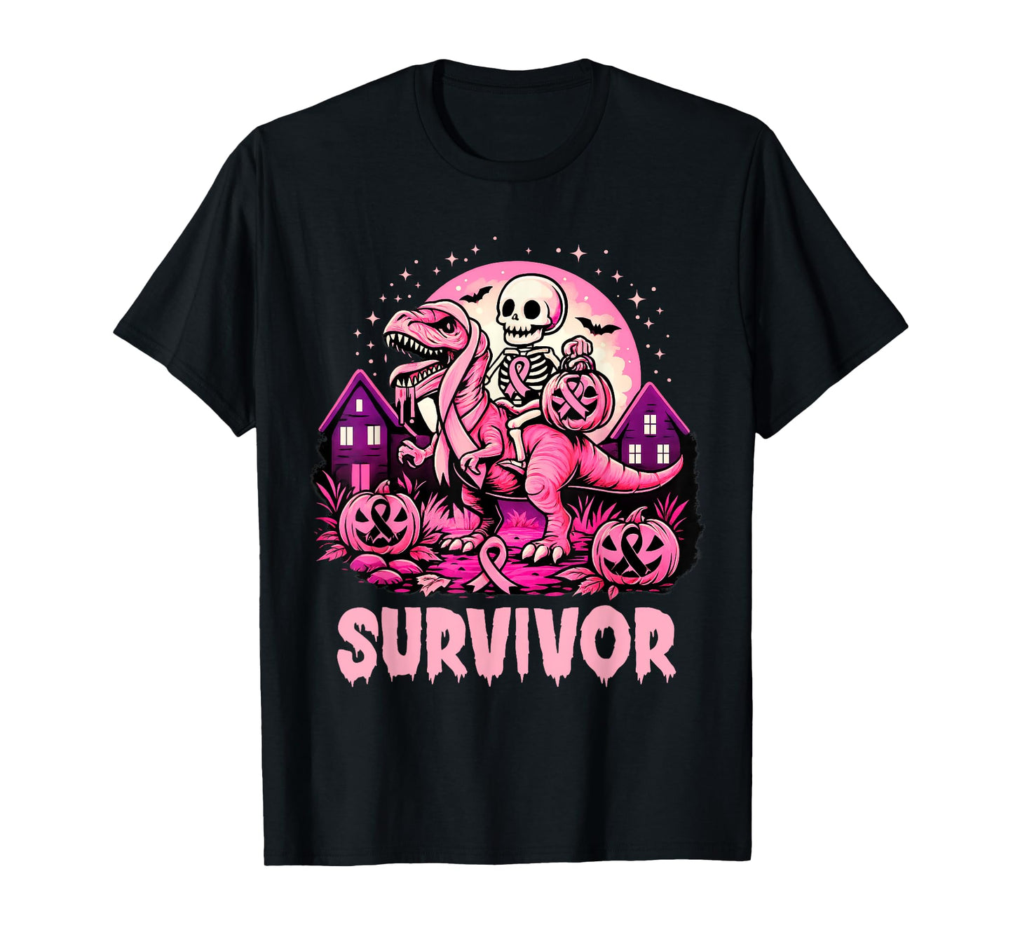 Skeleton Dinosaur T Rex Scary Pumpkin Breast Cancer Survivor T-Shirt