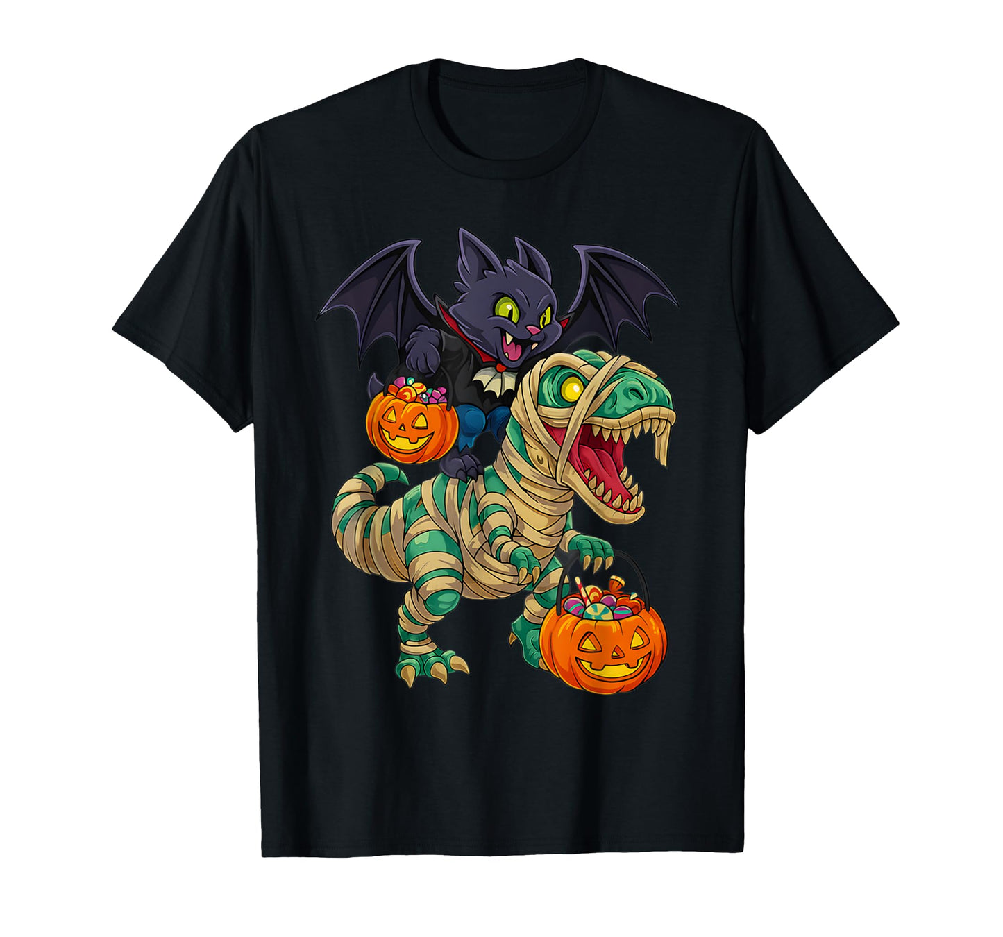 Vampire Cat Riding Mummy Dinosaur T rex Halloween Pumpkin T-Shirt