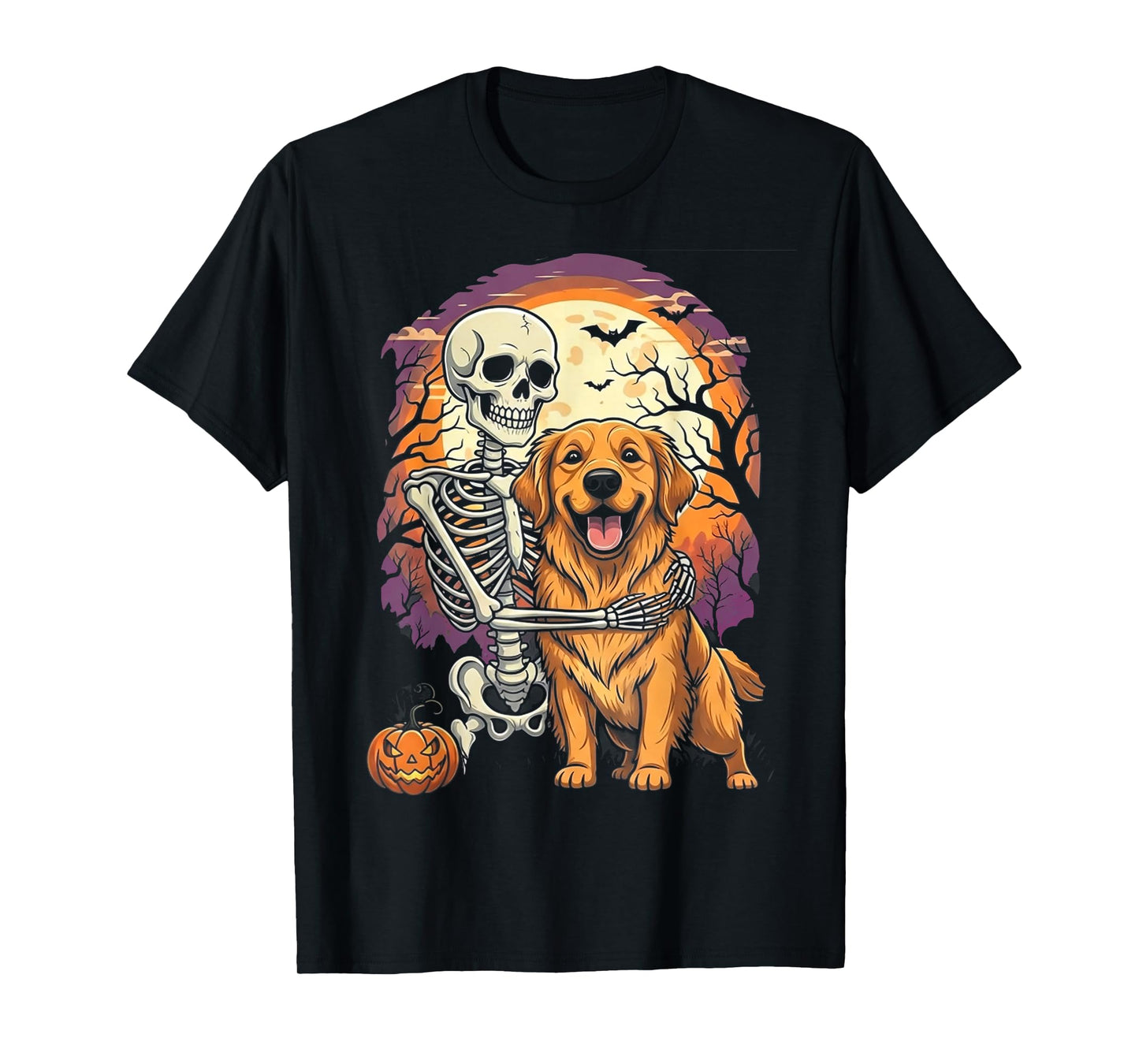 Skeleton Hugging Golden Retriever Halloween Lover Mom Dad T-Shirt